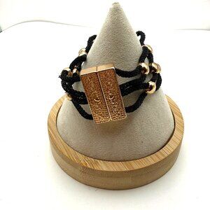 Boho Multi Strand Black Cord Bracelet Gold Tone Magnetic Clasp Statement Bracele